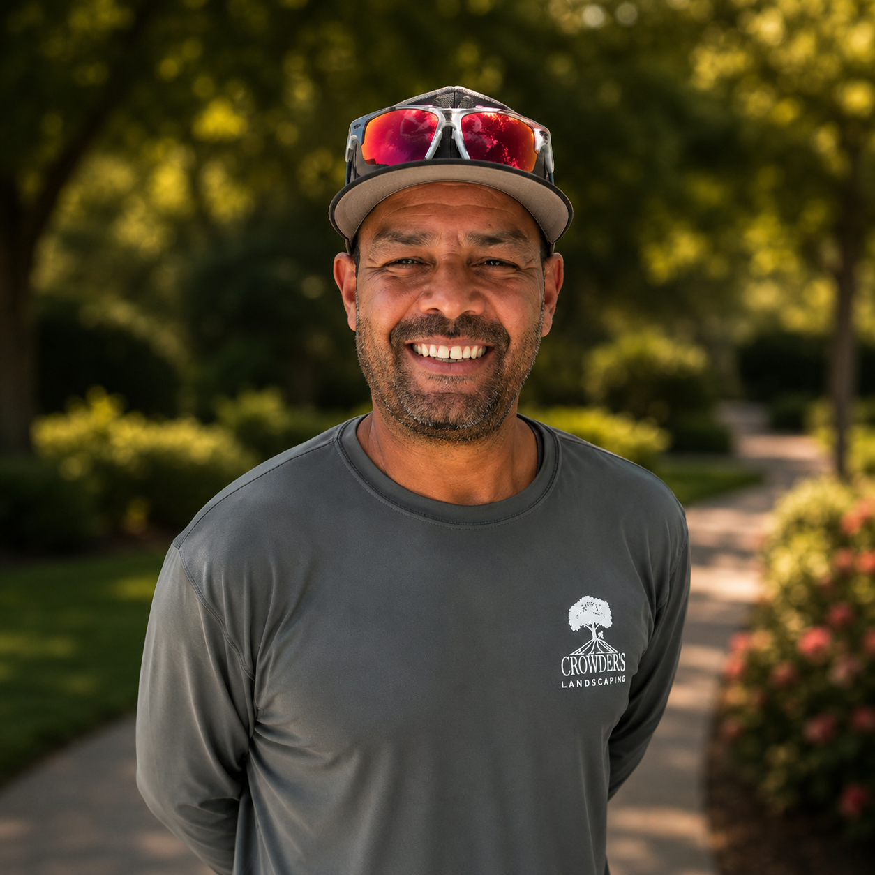 Smiling man in a gray shirt and red cap standing outdoors on a sunlit path