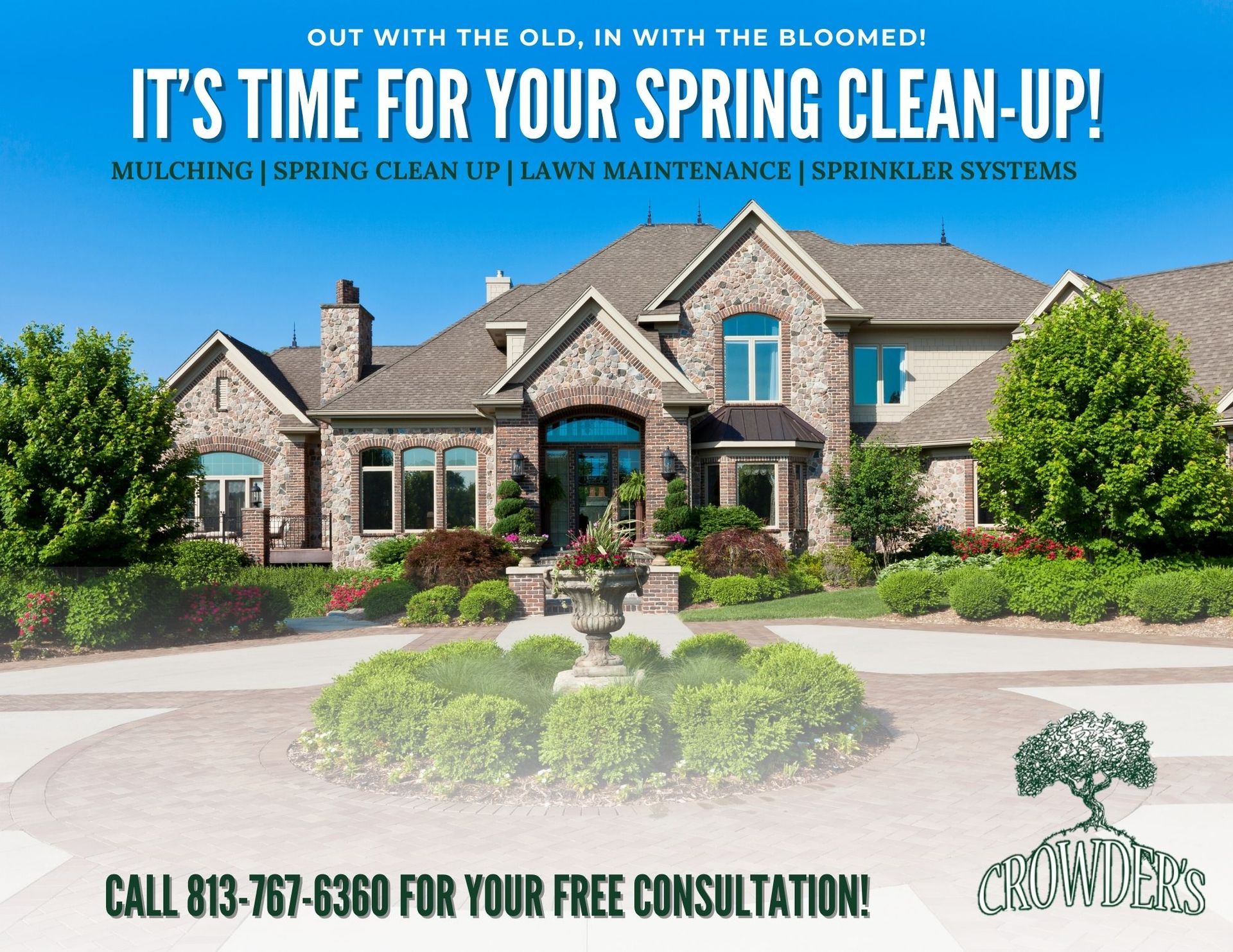 An advertisement for lawn maintenance shows a large brick house