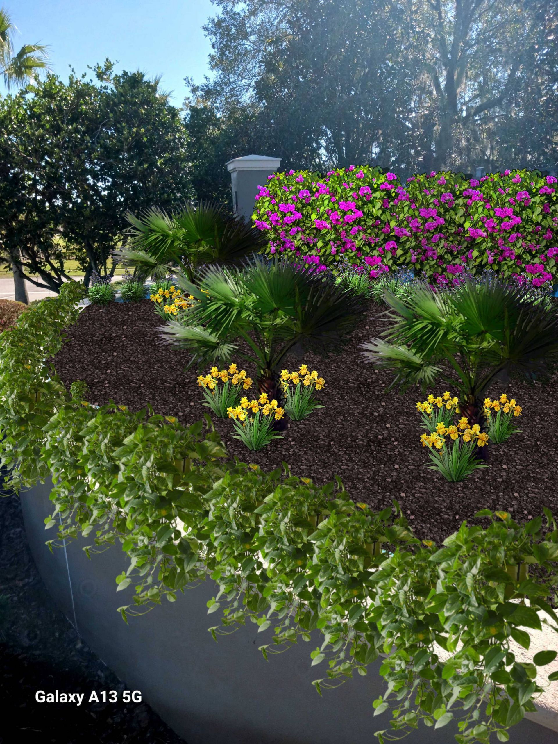 Colorful flower bed with purple, yellow, and green plants in a landscaped outdoor garden