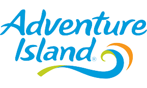 Adventure Island logo in blue and green with an orange and blue swirl.