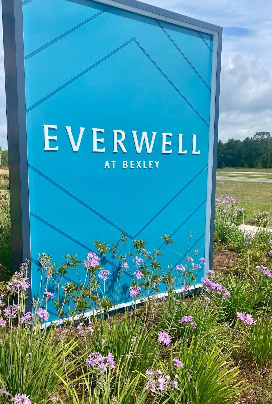 Blue Everwell sign in a grassy field with wildflowers and cloudy sky