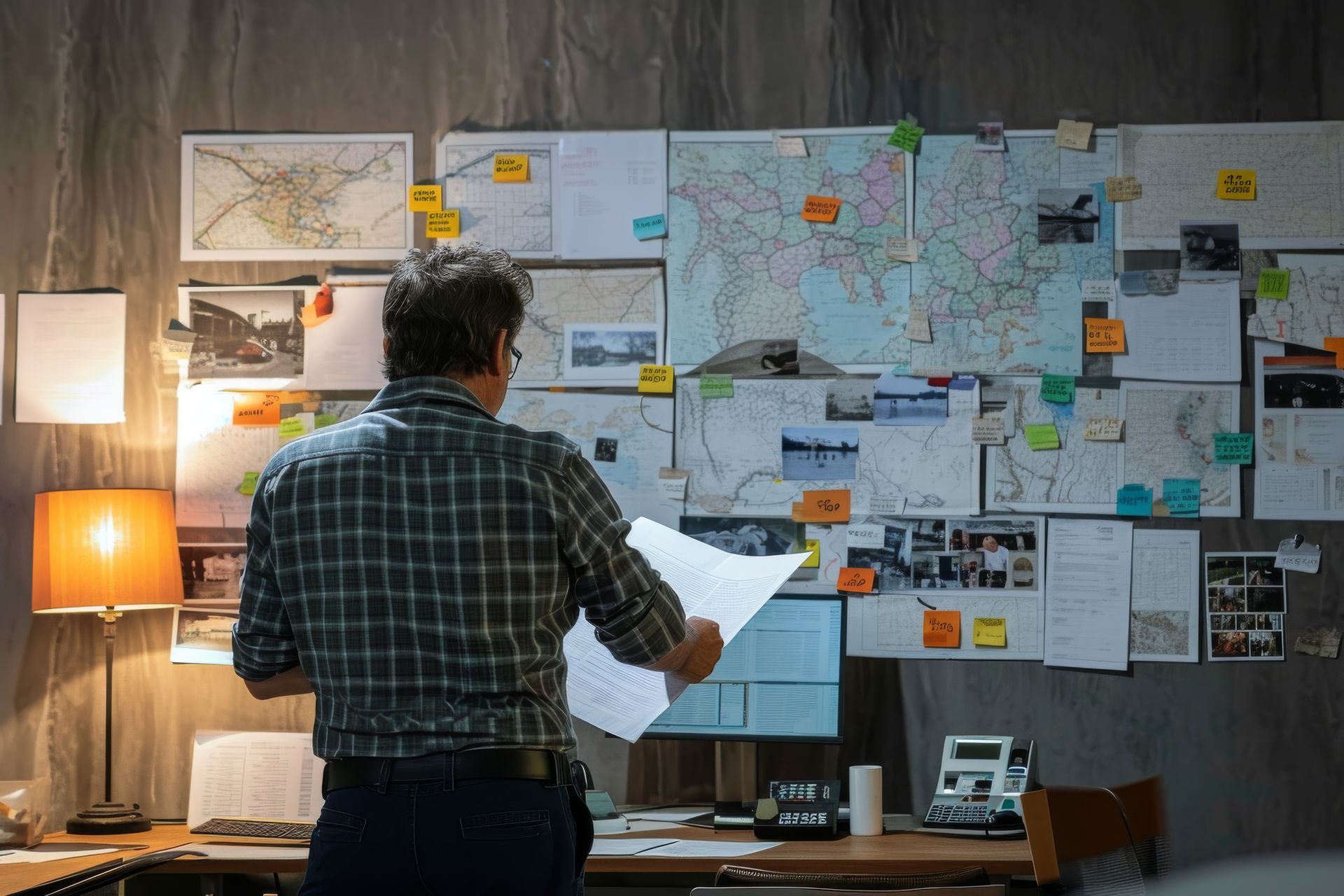 Man in plaid shirt examines a map-covered wall, lit by a desk lamp. The setting is indoors, with papers and pins.