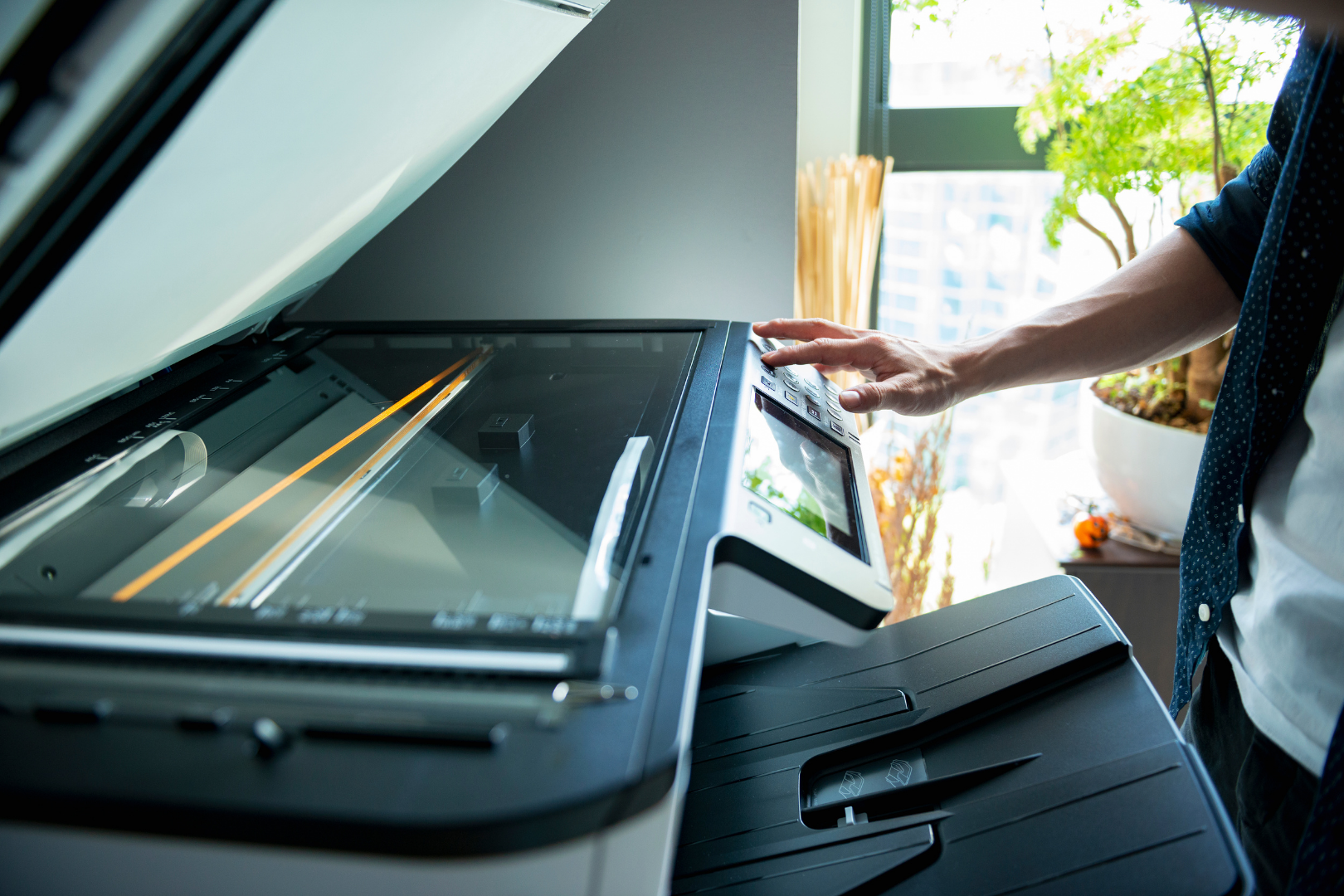 Hands scanning a large flatbed scanner near a sunlit window