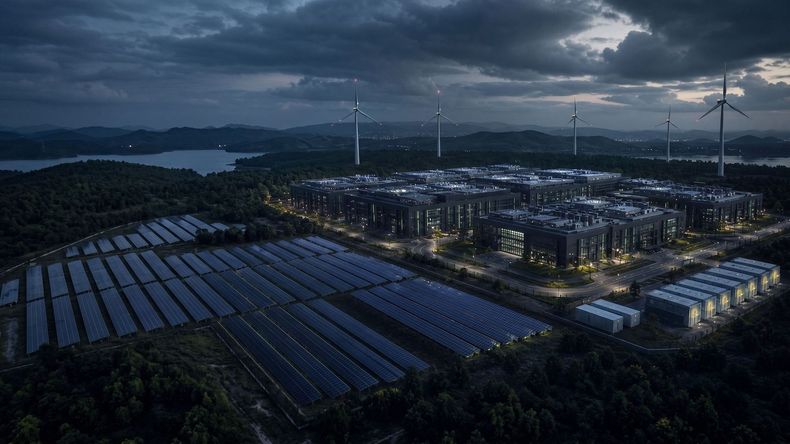 Nighttime solar farm and industrial facility with glowing buildings and wind turbines under stormy clouds.