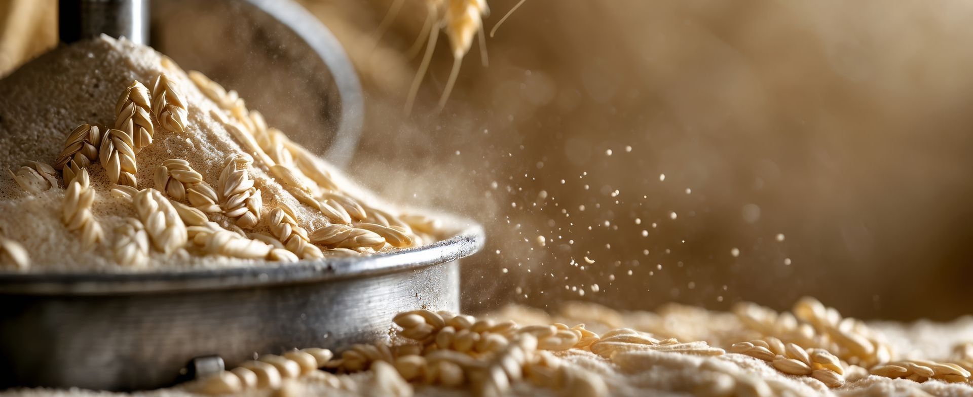 Wheat grains spilling into a bowl, creating a cloud of flour. Brown tones with a close-up view.