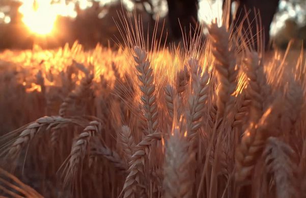 Golden wheat field at sunset, illuminated by warm sunlight.