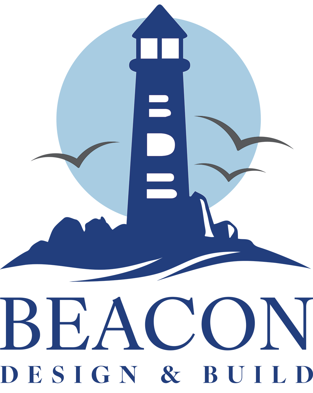 Blue lighthouse logo with birds and the text “Beacon Design & Build”