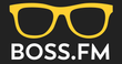 A logo for boss.fm with a pair of glasses