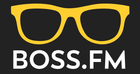 A logo for boss.fm with a pair of glasses