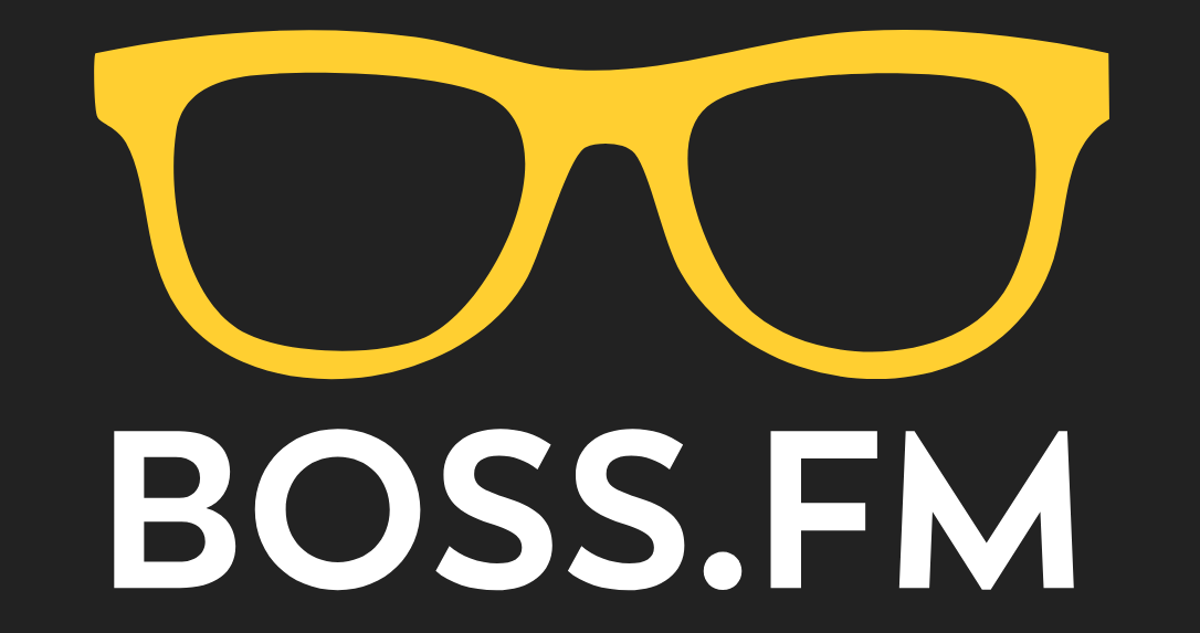 A logo for boss.fm with a pair of glasses