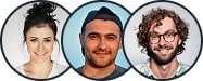 A woman , a man and a woman are smiling in circles.