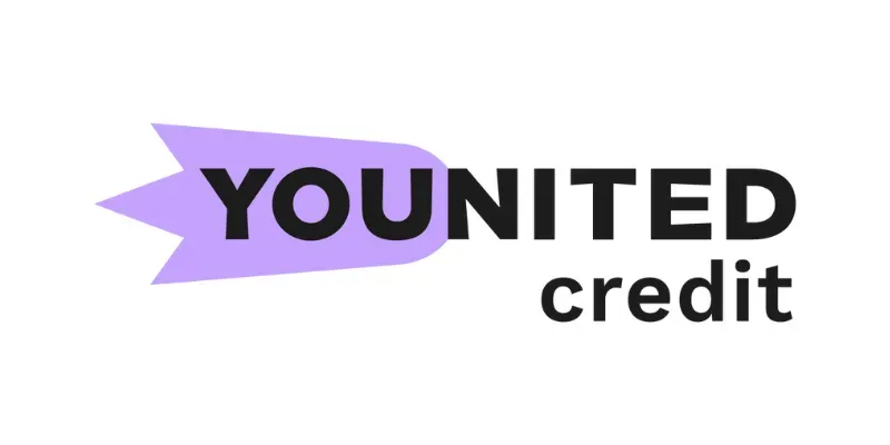 Le logo pour vousunited credit comporte une flèche violette pointant vers la droite.