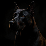 Black Doberman with upright ears in dramatic low light against a dark background