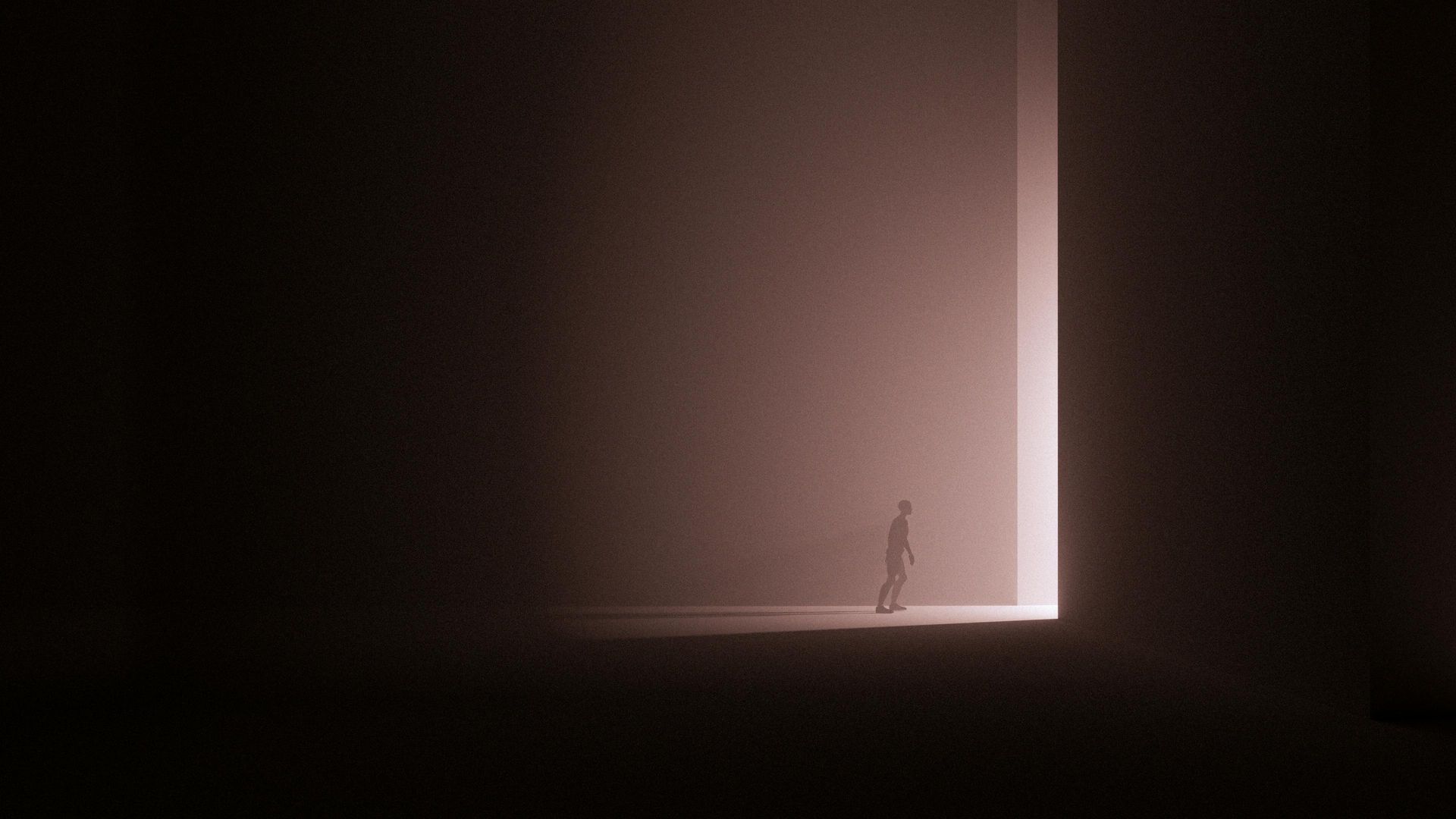 A person walks out of darkness into an illuminated doorway.