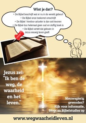 Bible with speech bubble asking “Wist je dat?” and text about Jesus saying “Ik ben de weg, de waarheid en het leven.”