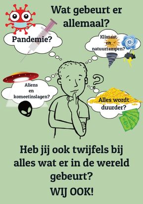 Een cartoonfiguur omringd door Nederlandse gedachtebellen over pandemie, economie en stijgende kosten, die zich afvraagt wat er wereldwijd aan de hand is.
