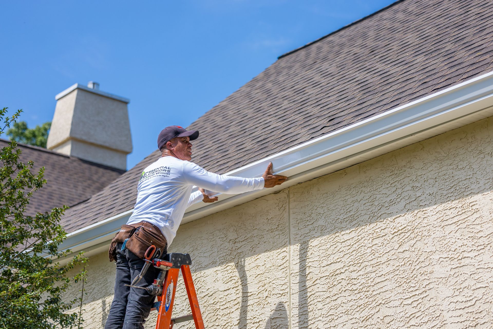 A photo of new gutters installed on a home.