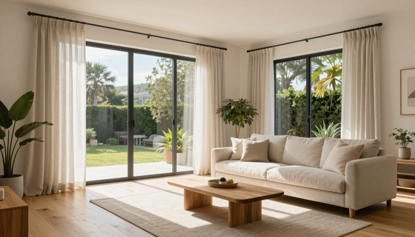 Modern living room with energy efficient curtains and large windows