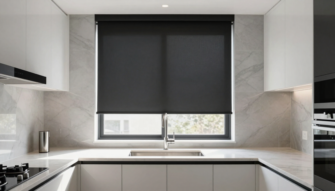 Contemporary kitchen with sleek roller blinds