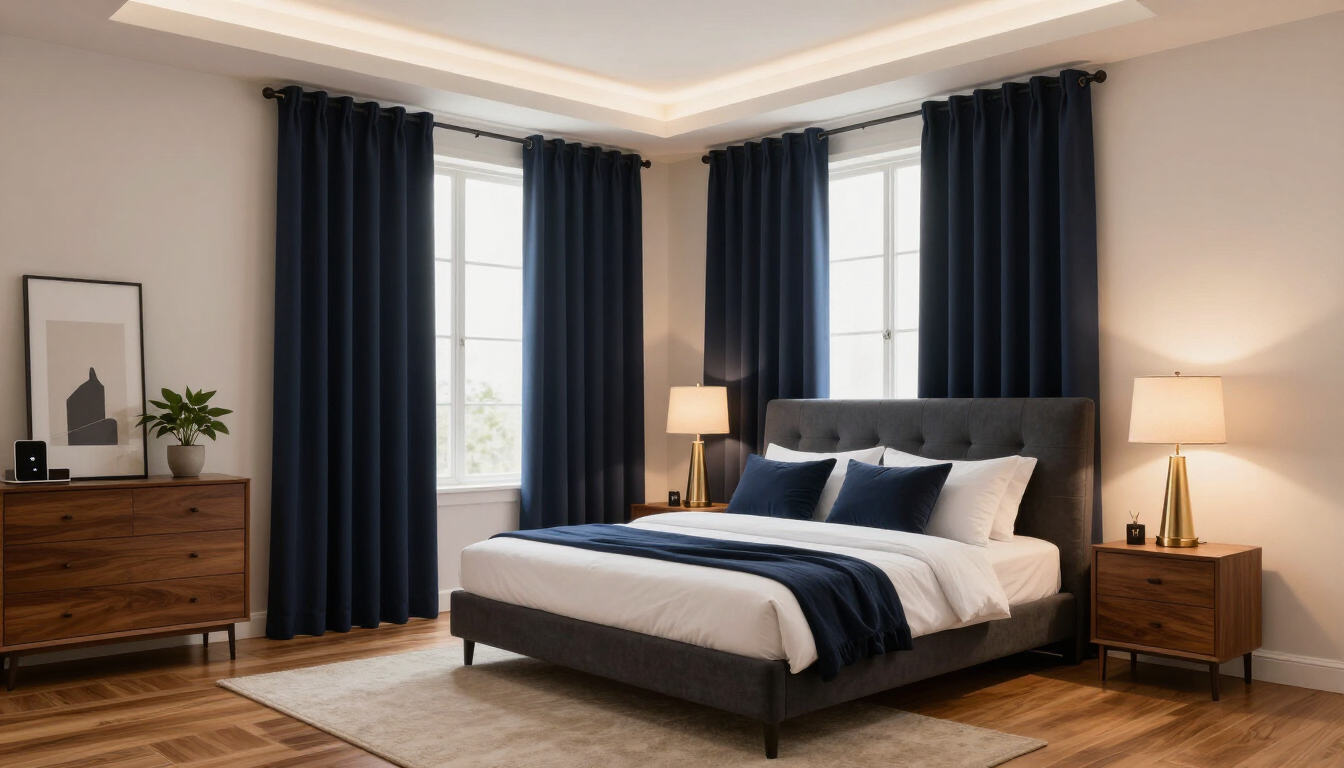 Bedroom with dark blockout curtains