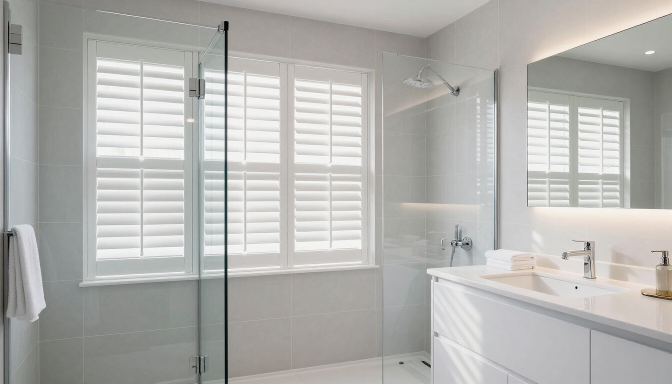 Modern bathroom with white PVC shutters