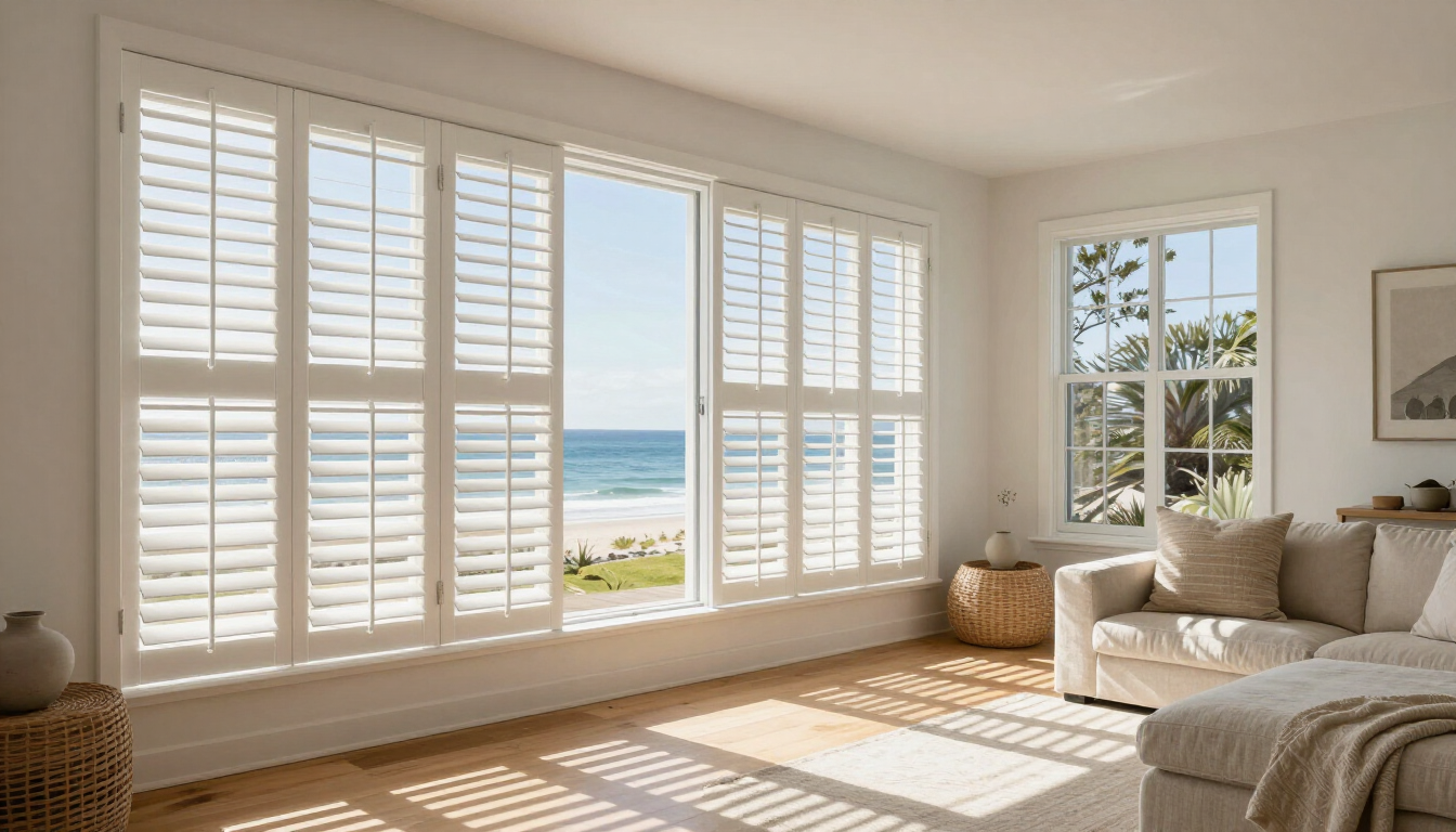 White plantation shutters in a bright Sunshine Coast living room