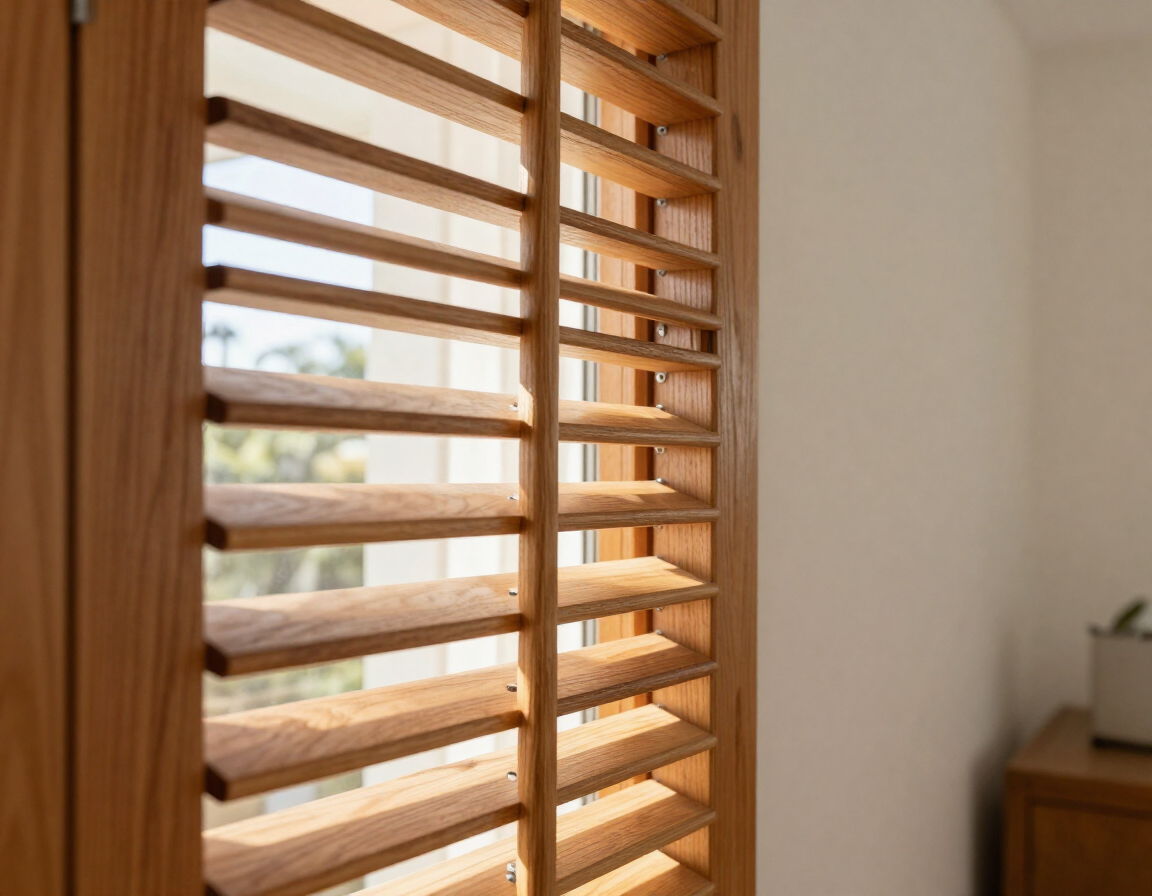 Close-up of adjustable plantation shutter louvres and timber finish