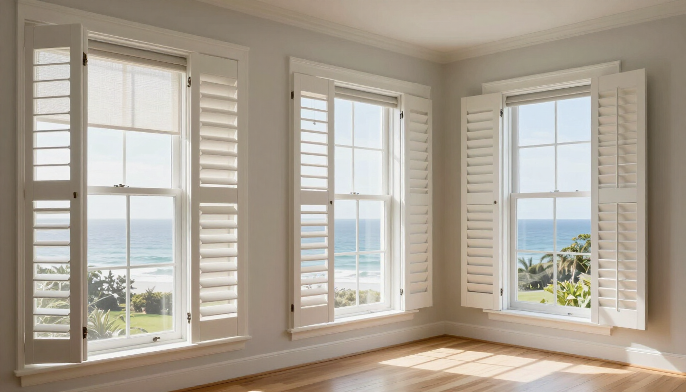 Custom shutters and blinds controlling bright coastal sunlight