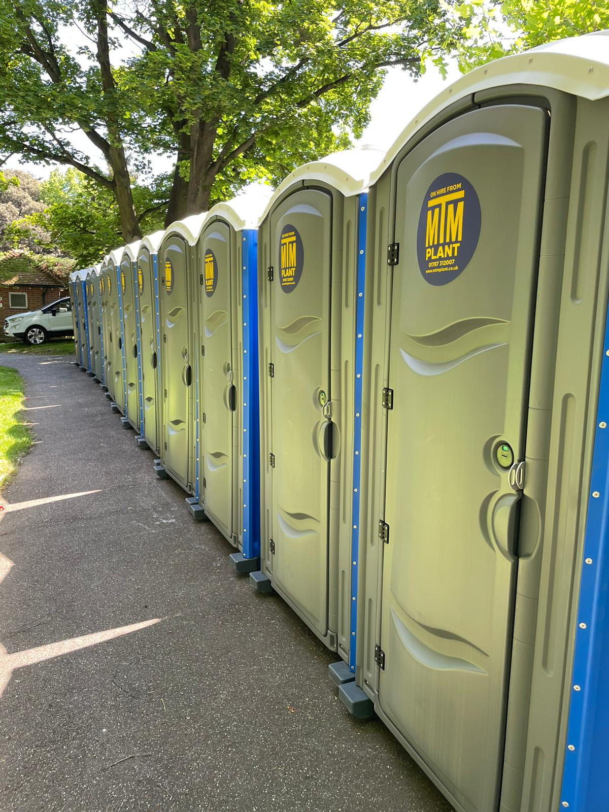 A row of portable toilets