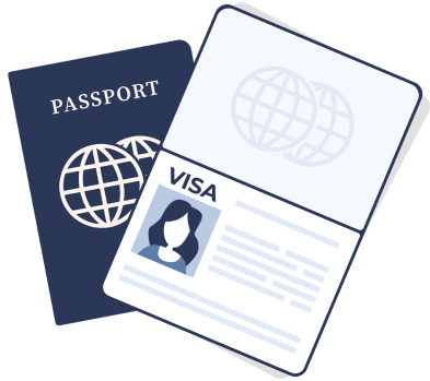 Um passaporte e um visto são mostrados em um fundo branco.