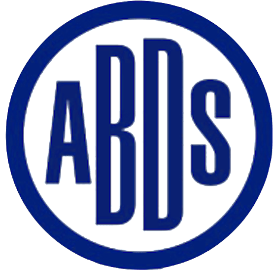 A blue and white logo for abds in a circle