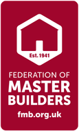 The logo for the federation of master builders is red and white
