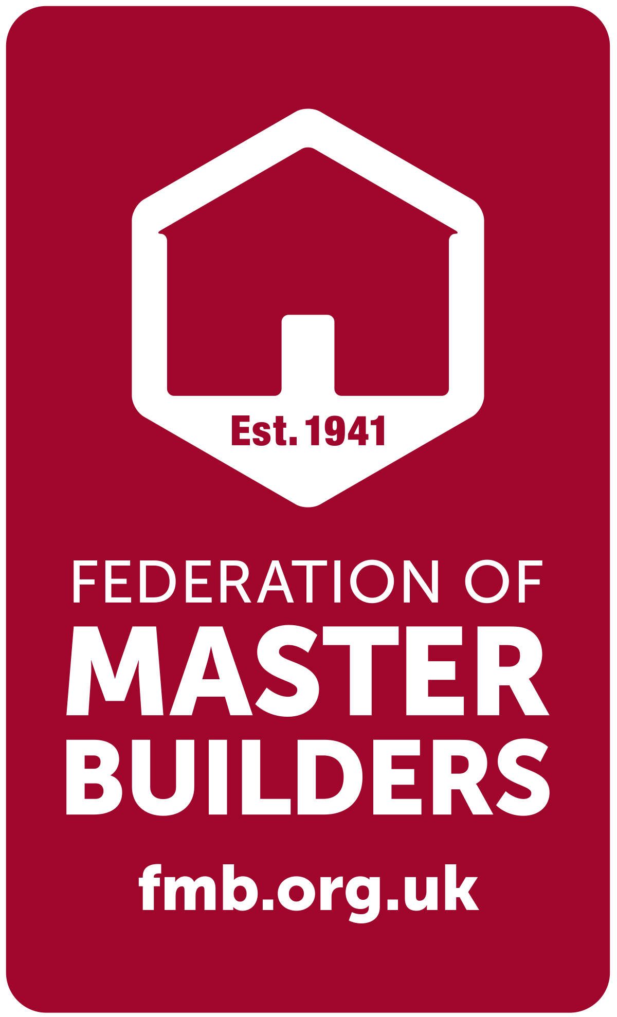 The logo for the federation of master builders is red and white