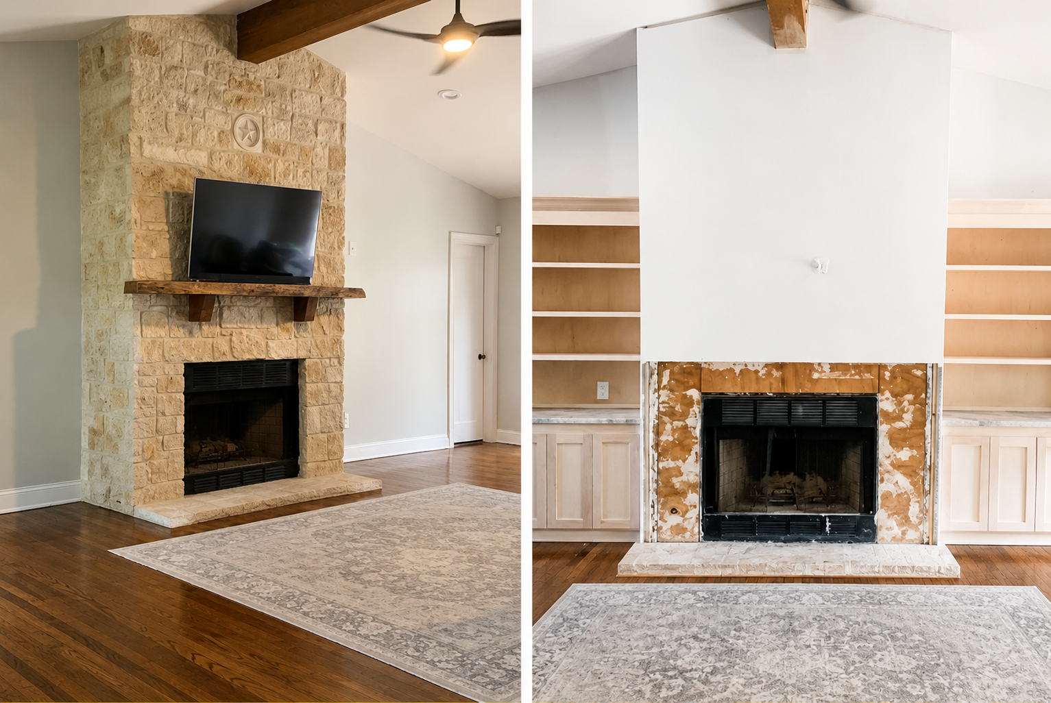 Side-by-side living room fireplaces: stone and white mantel surrounds with TVs above, on hardwood floors.