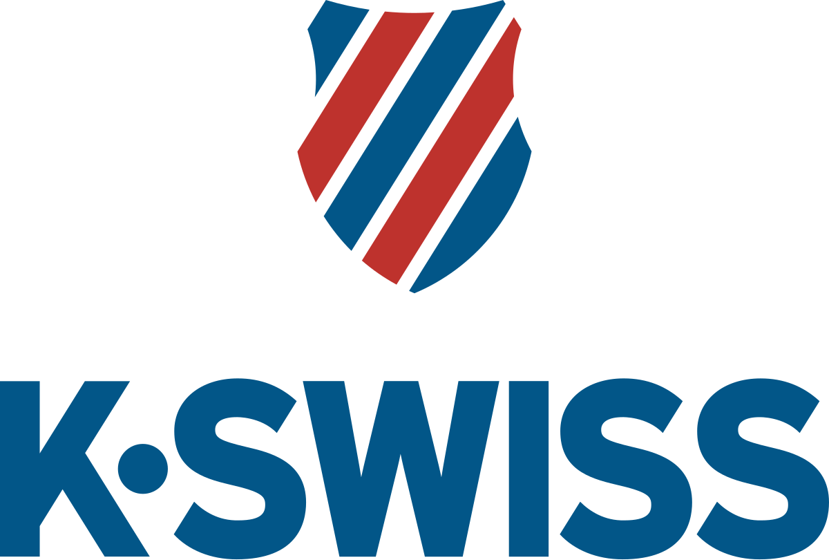 A k-swiss logo with a red , white and blue shield