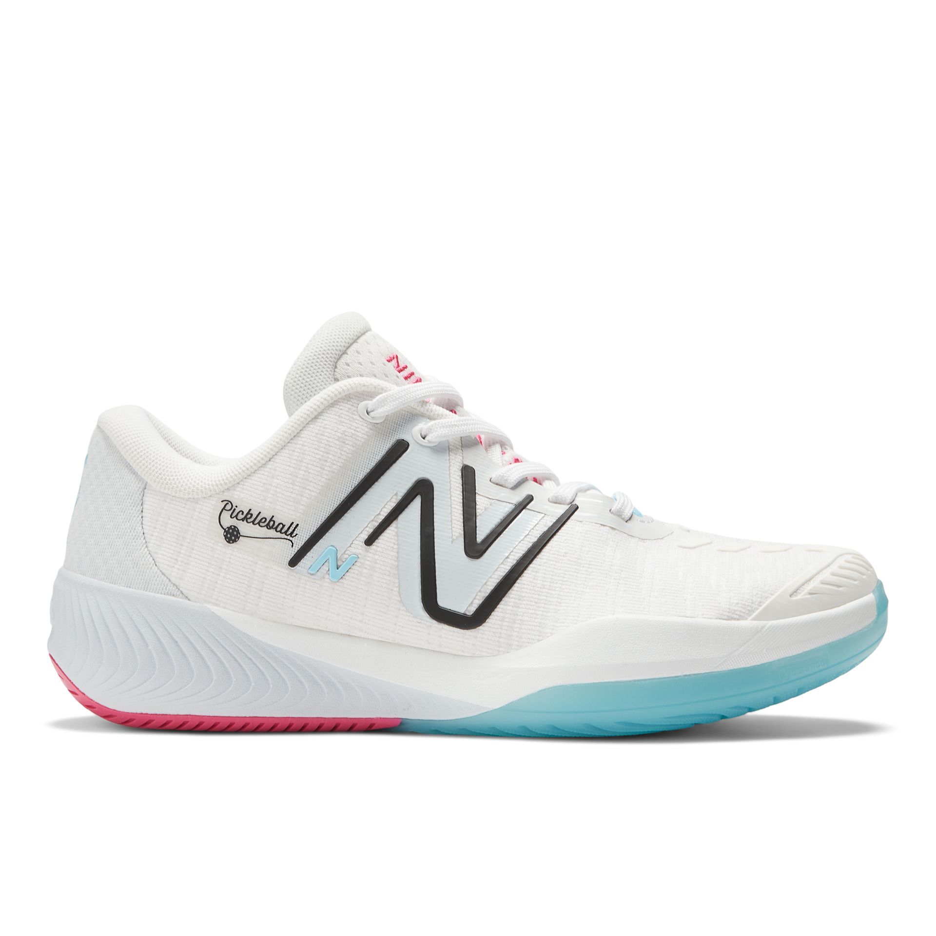 A pair of white new balance tennis shoes with a pink and blue sole.