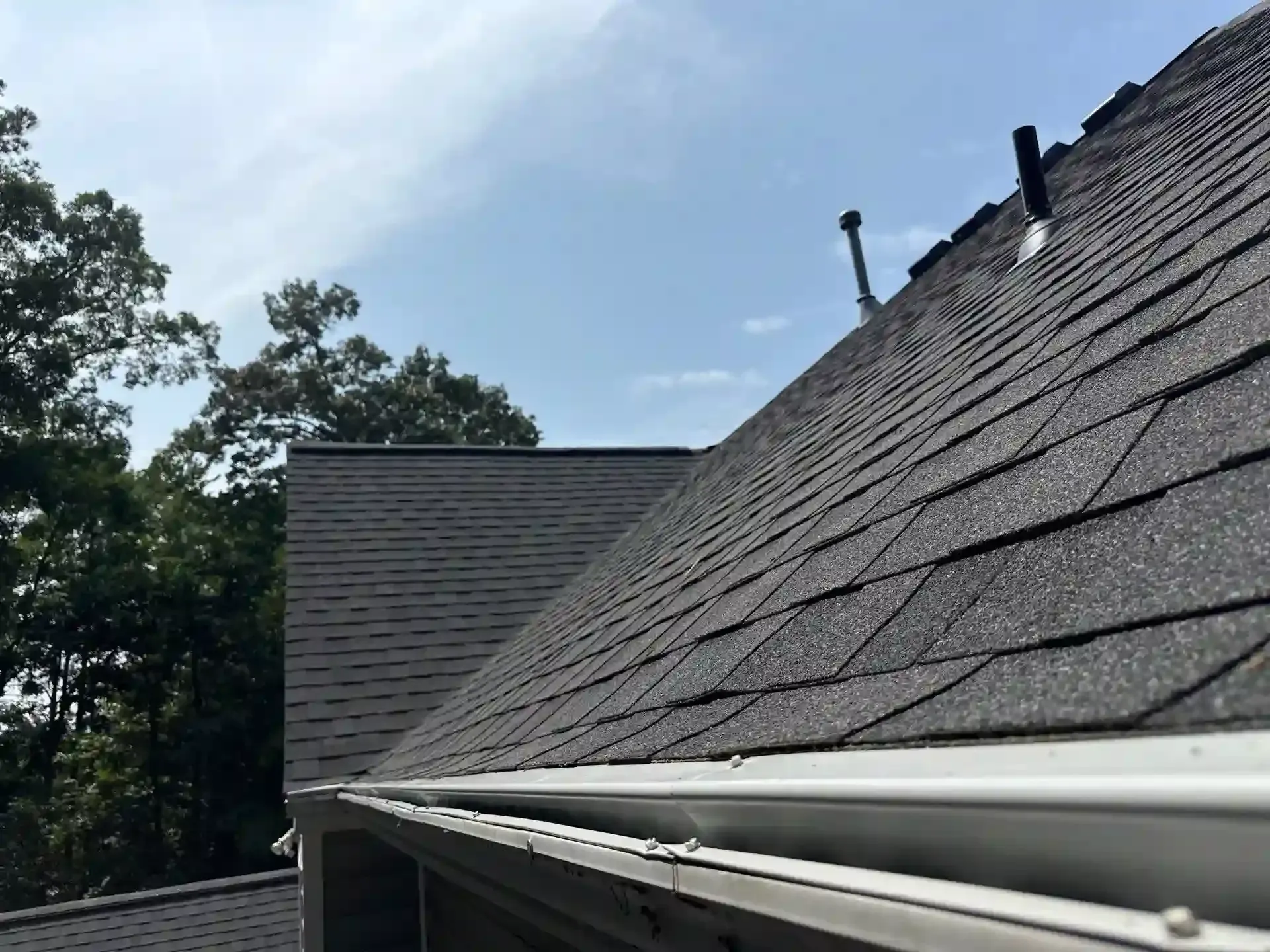 Dark shingled roof with gutter beside trees under a blue sky