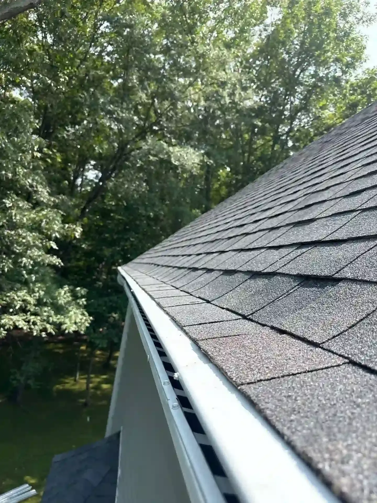 Roof edge with gray shingles beside a leafy green forest and a body of water