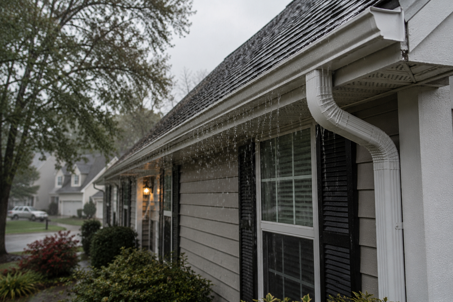 Suburban house exterior with white siding, black shutters, and a rain gutter on a wet, overcast day