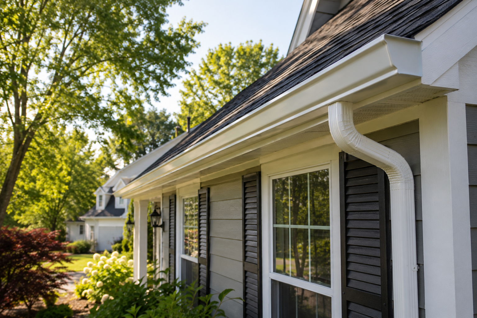 White house exterior with black shutters, large windows, and sunlit trees along the side yard