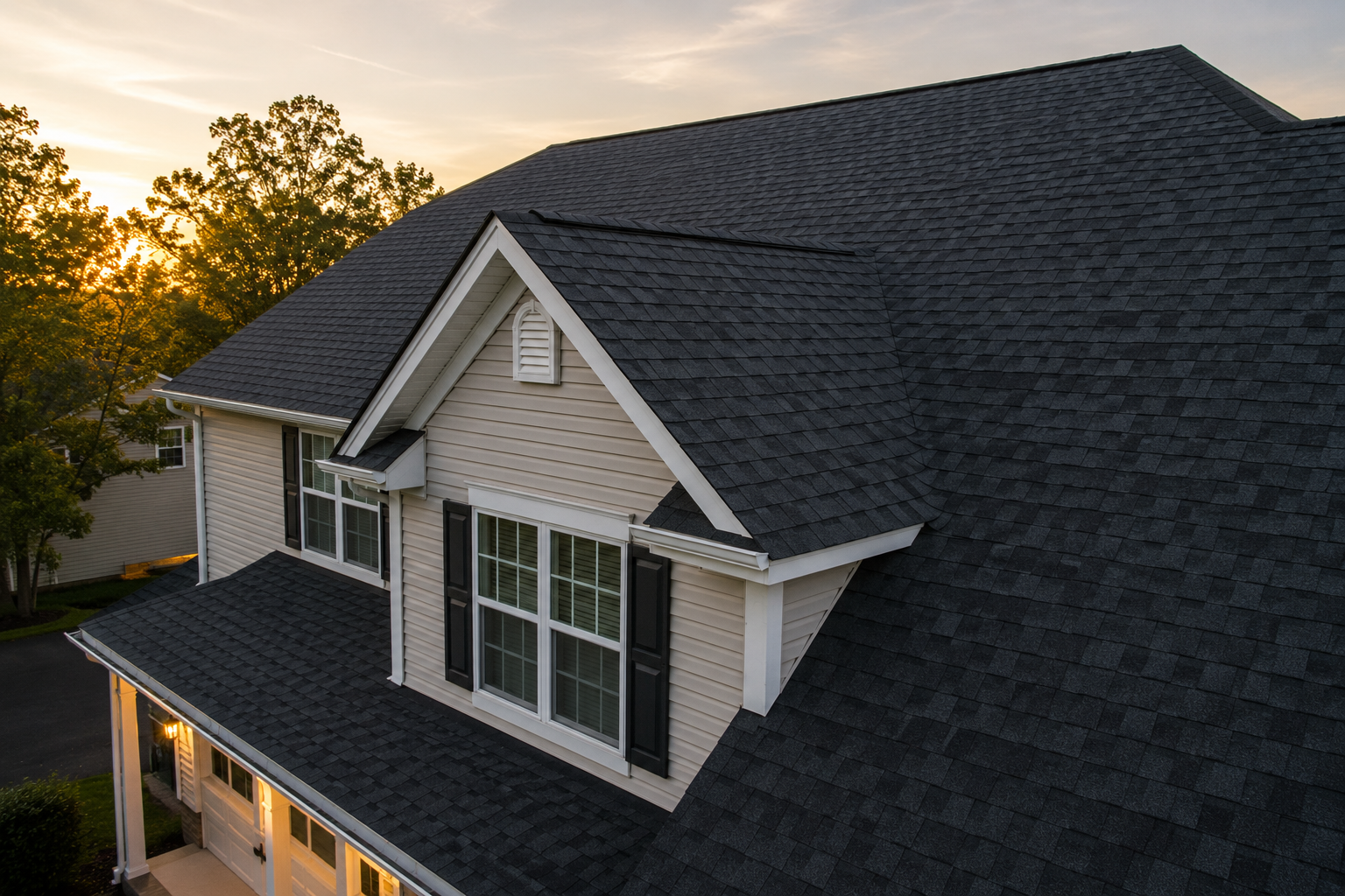 Suburban house roof with dark shingles at sunset, white siding and dormer windows