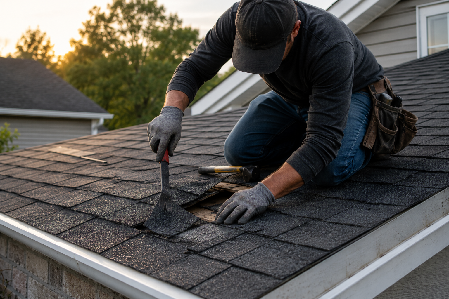 Worker repairing shingles on a house roof with a hammer and gloves