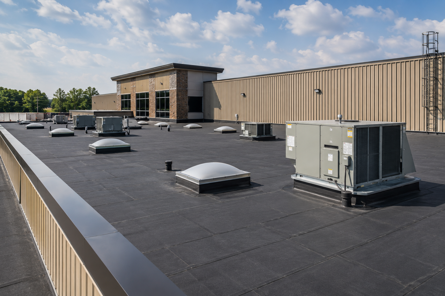 Flat commercial rooftop with HVAC units and vents beside a tan building under a clear sky