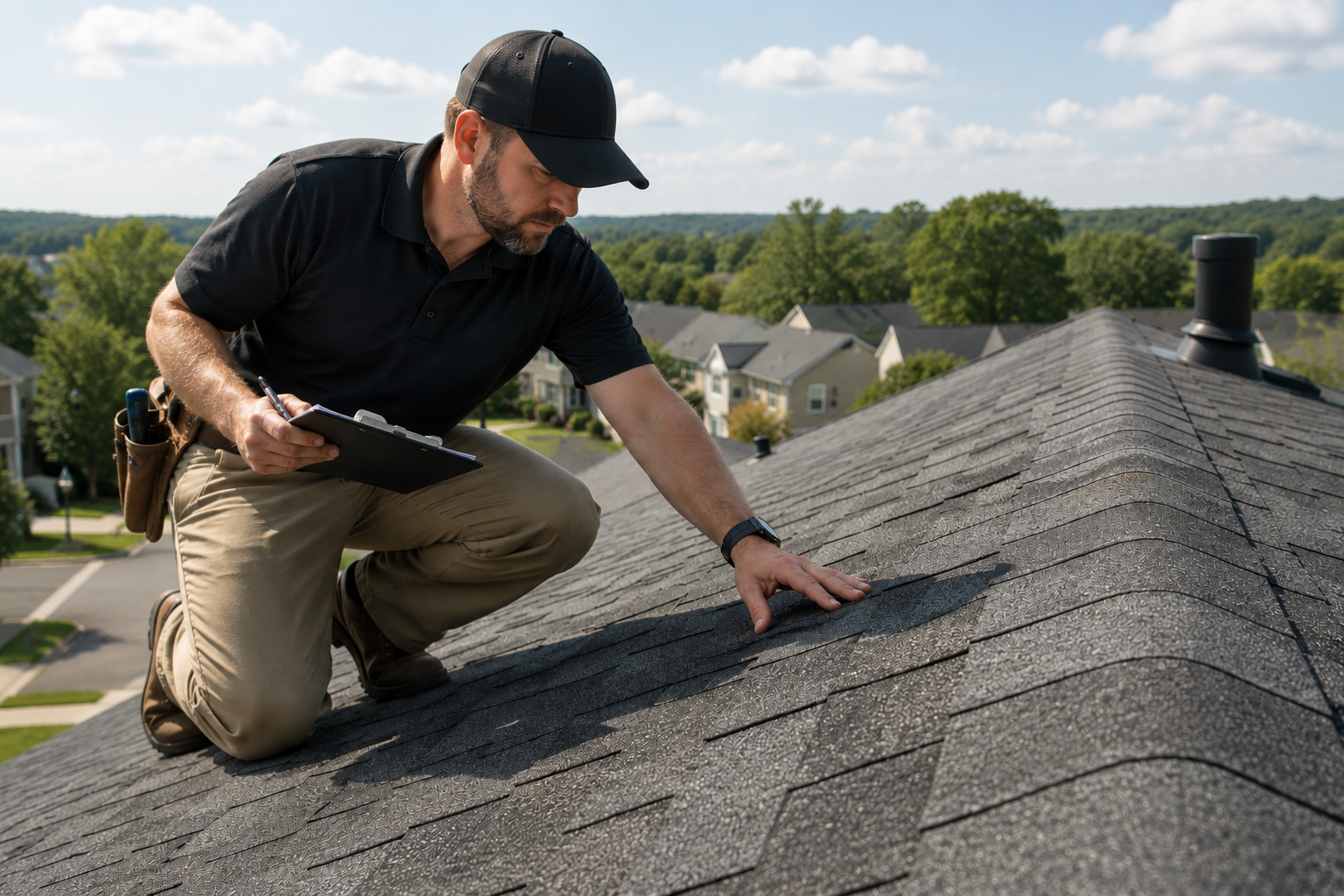 Roof inspector kneeling on shingles and examining a residential roof with a clipboard