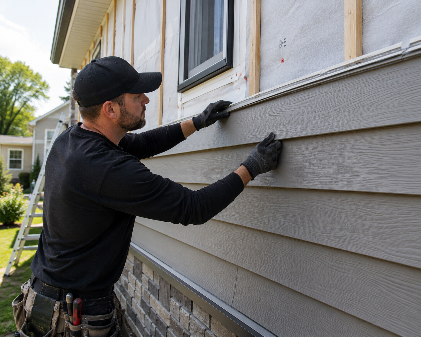 Worker in black gloves measuring siding on a house exterior