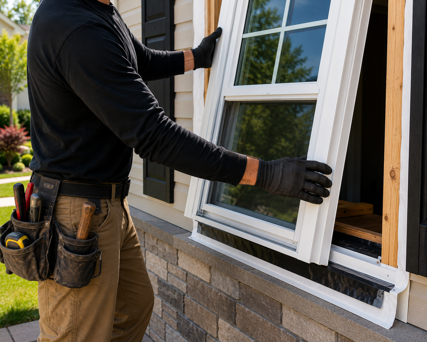 Worker installing a white window frame on a brick house exterior