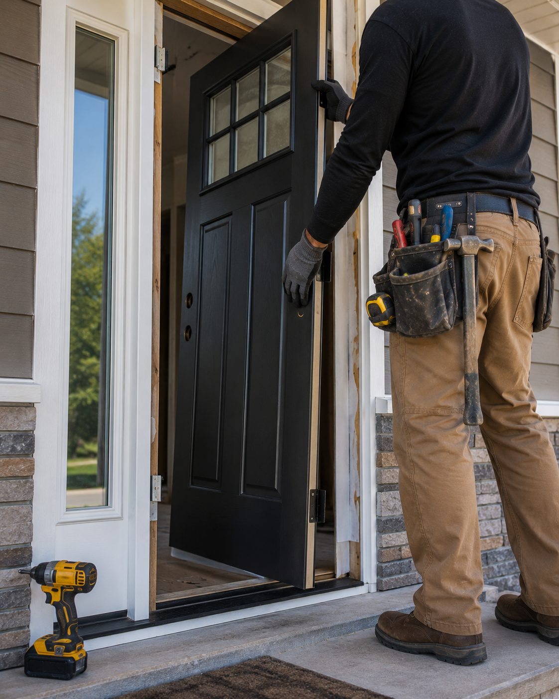 Worker installing a black front door, holding it in place beside tools on a porch.