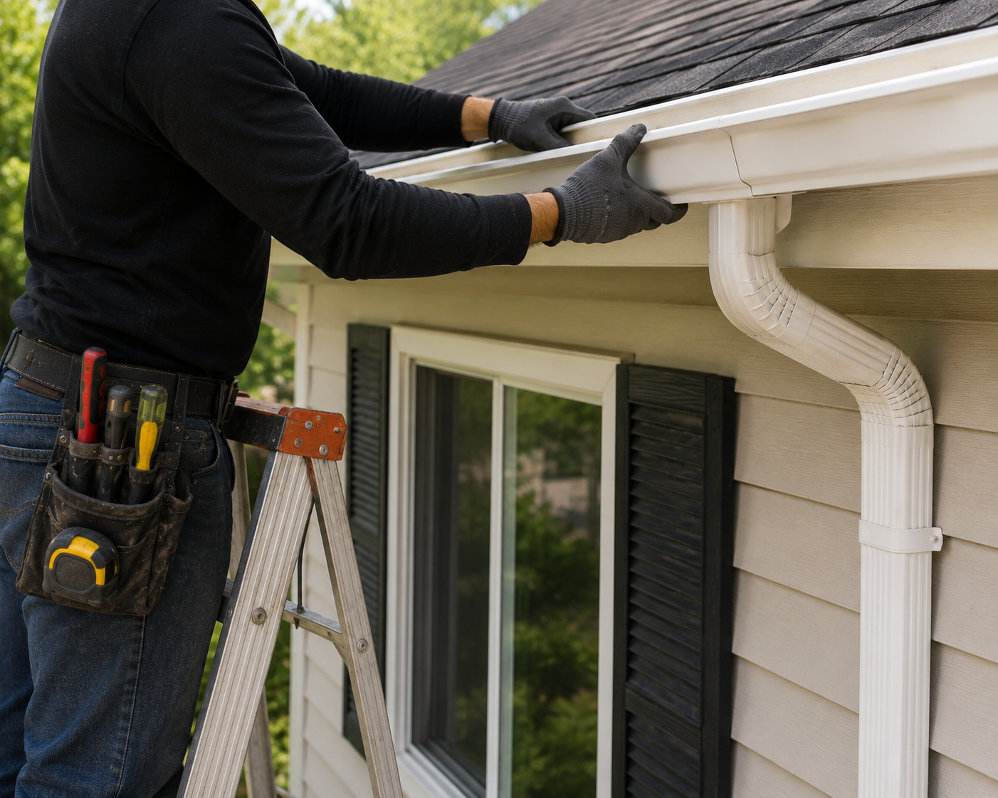 Worker cleaning gutters on a house roof beside a window and downspout.