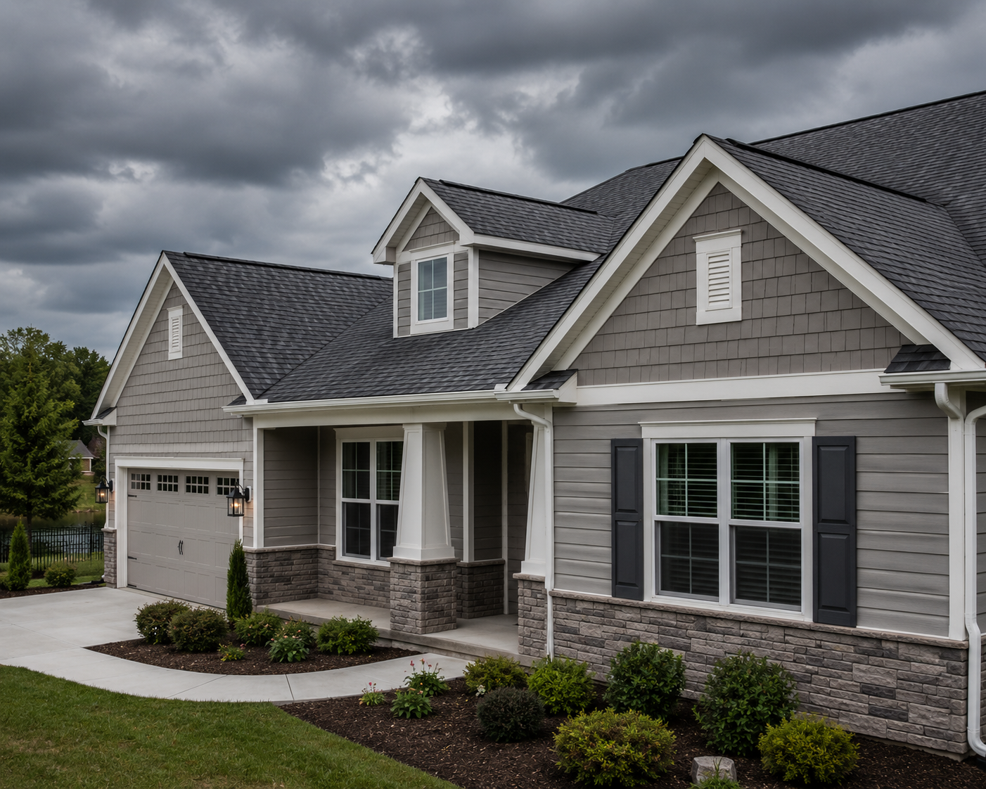 Gray suburban house with stone accents, white trim, and a dark roof under cloudy skies