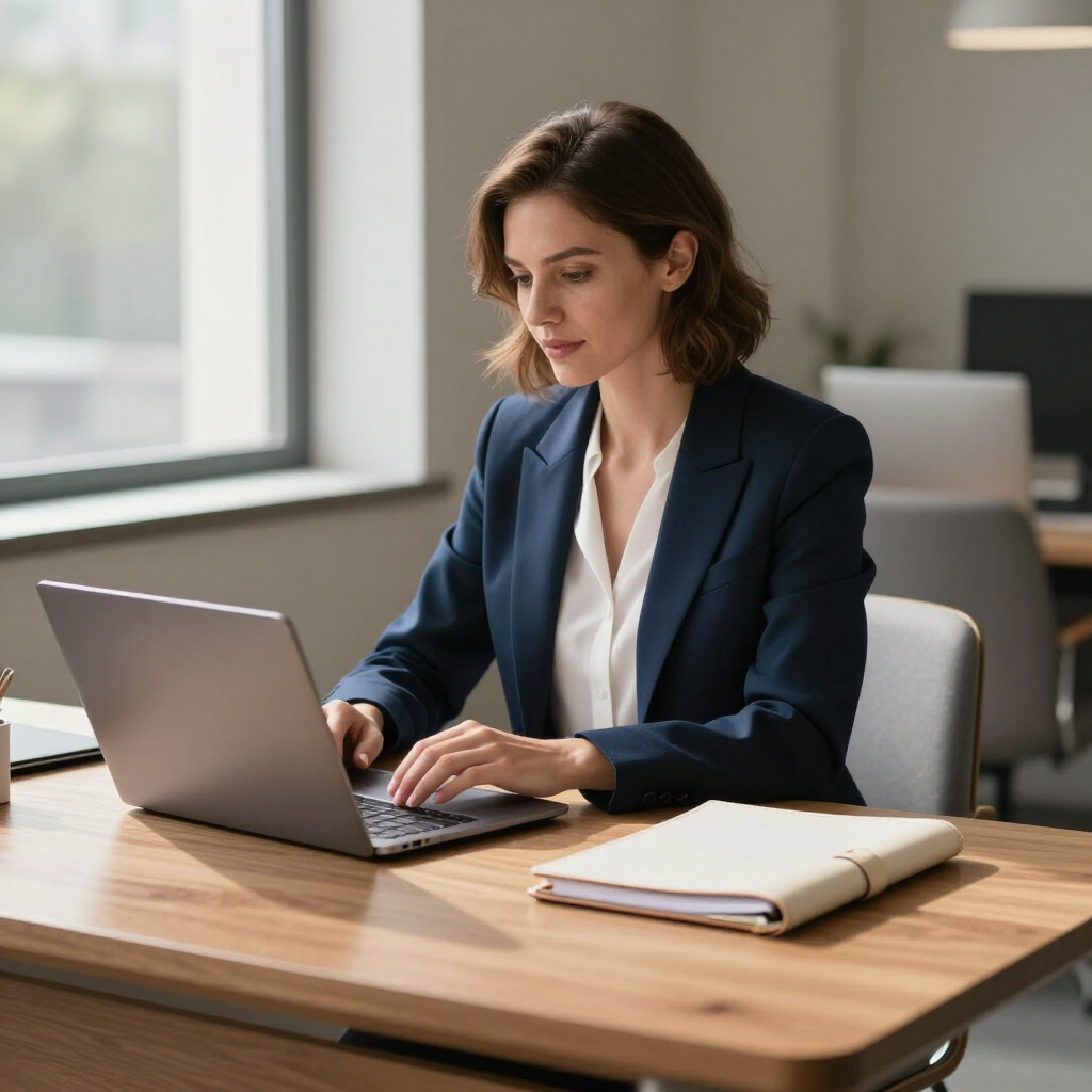 Een vrouw werkt op een laptop aan een bureau in een licht kantoor, met een notitieboekje naast zich.